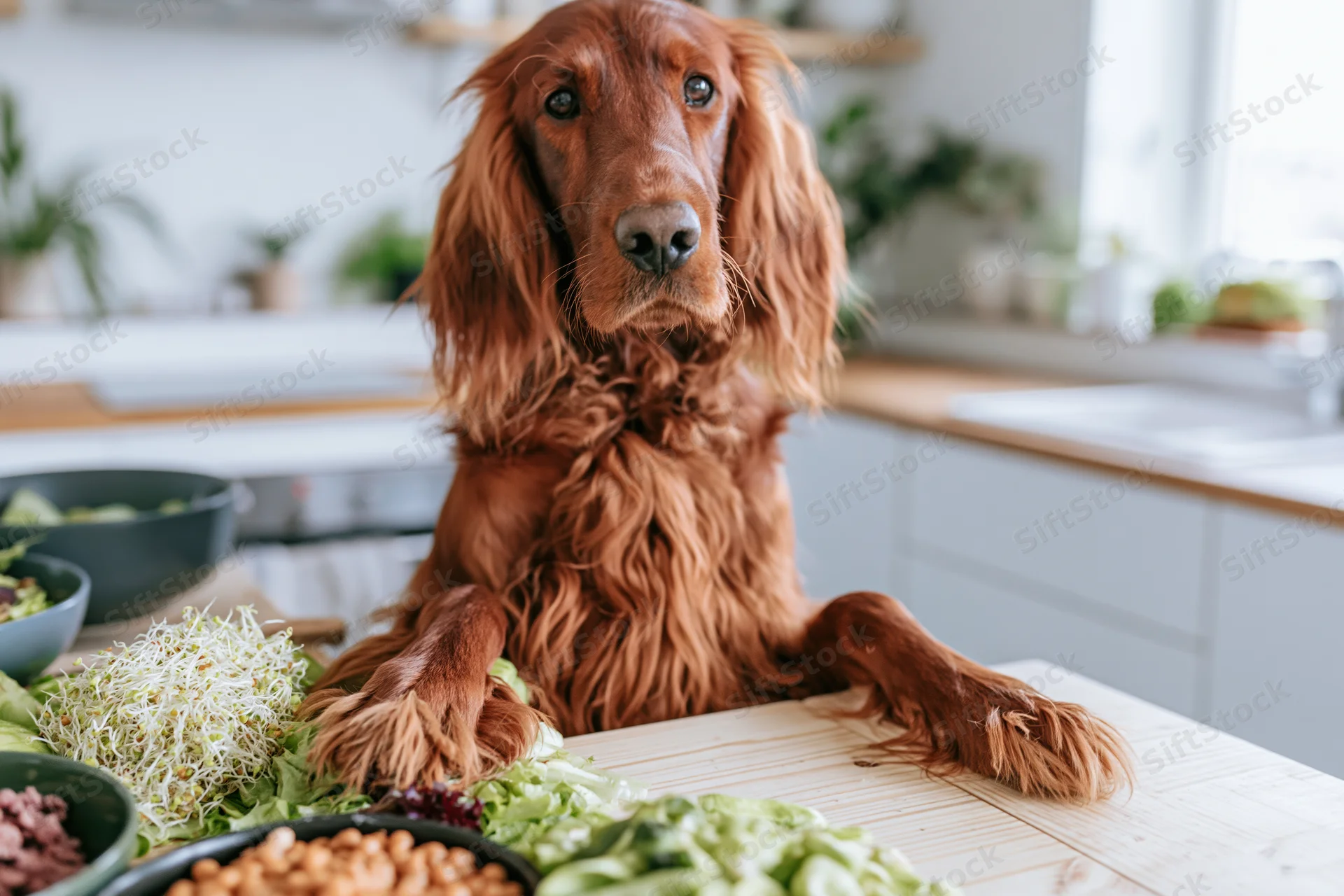 Irishsetter sitting on kitchen table with vegetables and bowls around it