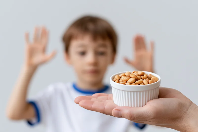 Child raising hands in refusal as adult hand offers bowl of peanuts