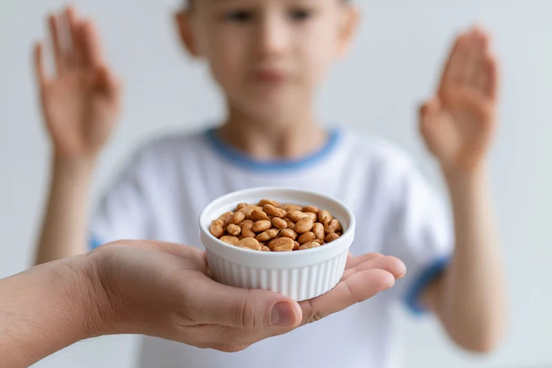 Adult hand holding a small white ceramic ramekin filled with peanuts in front of a child making a refusal gesture with raised palms