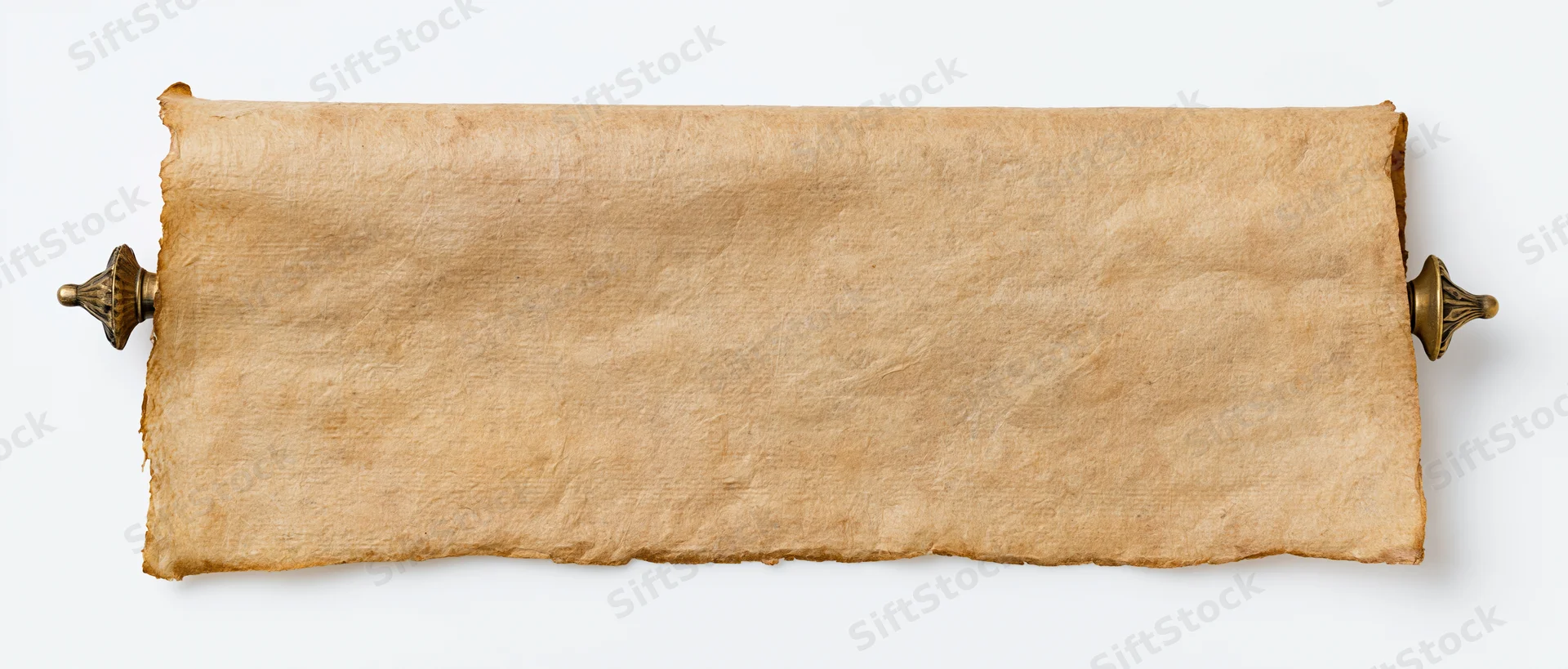 Ancient parchment scroll fully unrolled horizontally blank on white background