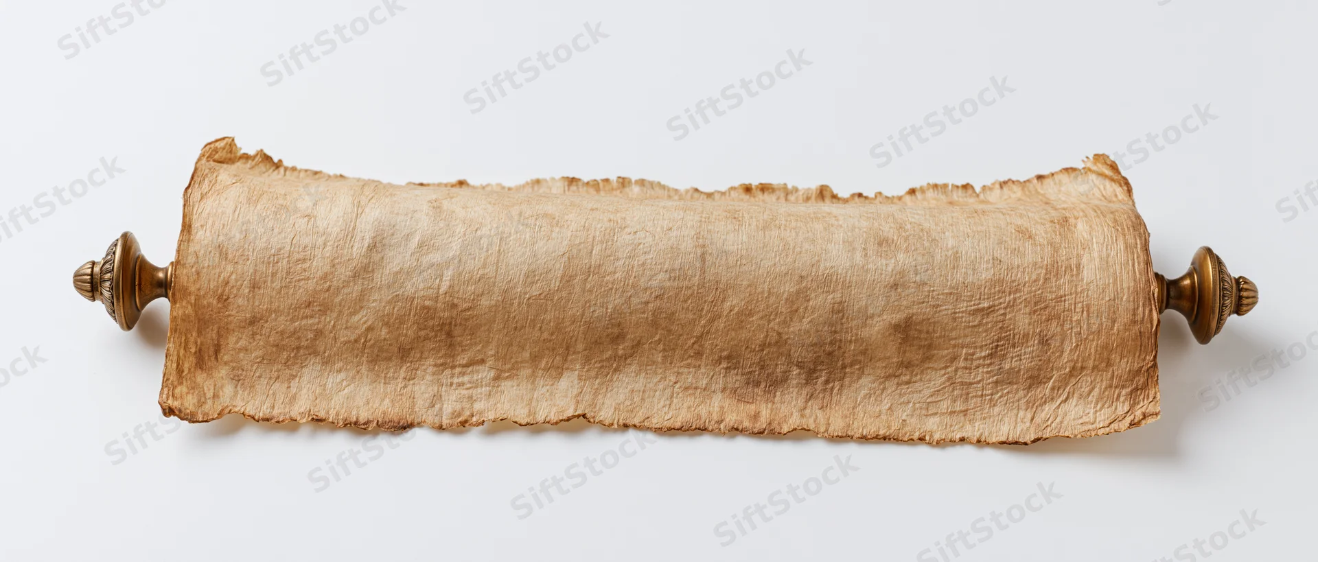 Ancient parchment scroll fully unrolled horizontally on white background