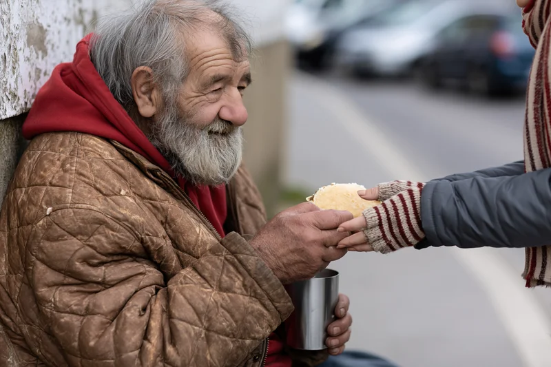 Elderly homeless man receiving bread and a metal cup from a helper on a city sidewalk