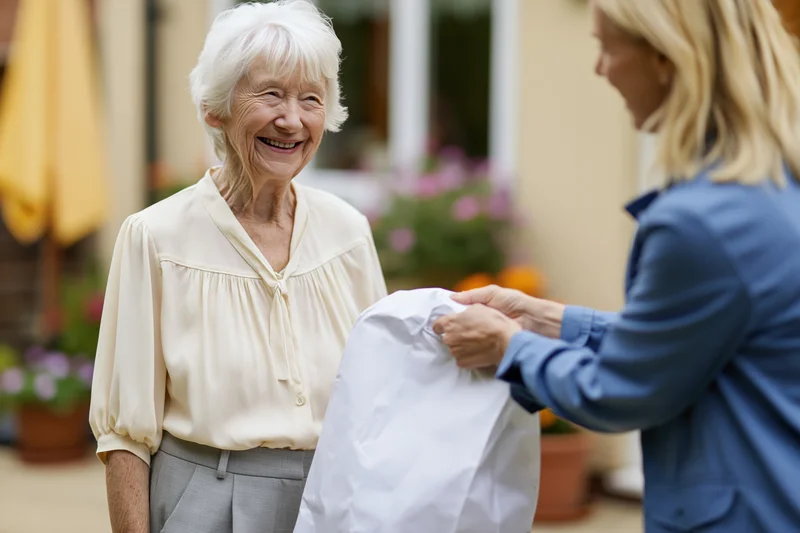 Elderly woman smiling as she receives a package from another woman outdoors near a garden