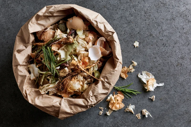 Open brown paper bag filled with kitchen food scraps on dark surface