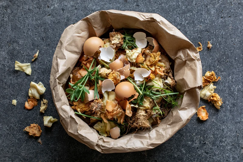 Crumpled brown paper bag filled with kitchen food scraps including eggshells and vegetable peels on dark surface