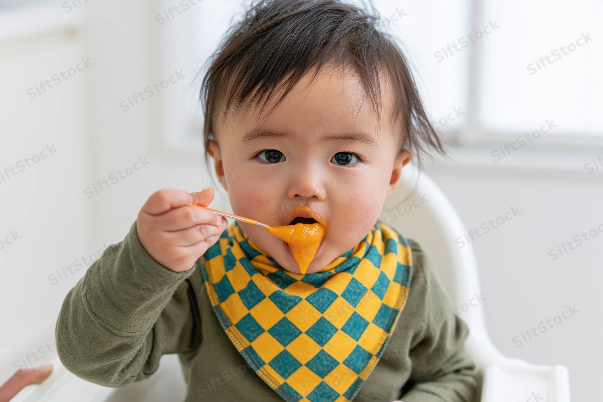 Asian toddler eating orange puree with spoon while seated in highchair wearing checkered bib