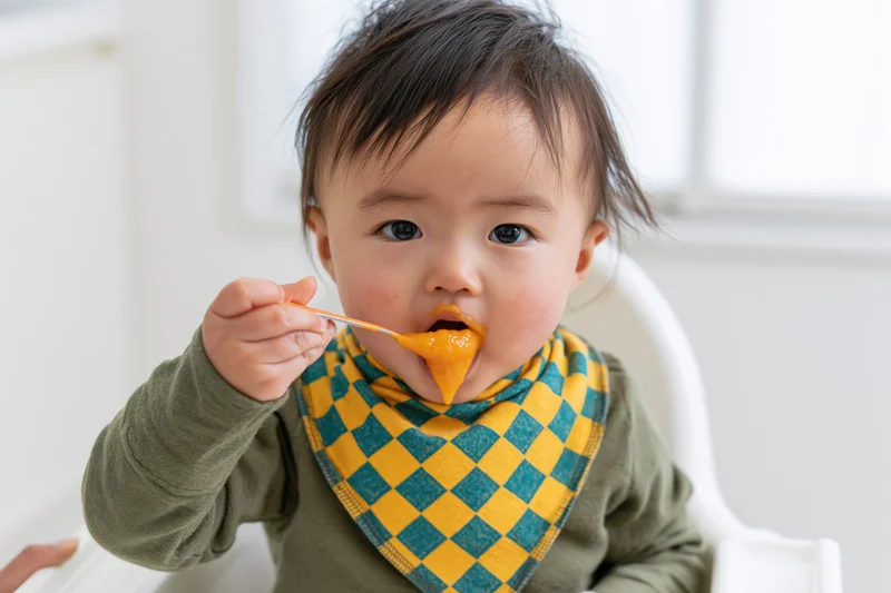Asian toddler eating orange puree with spoon while seated in highchair wearing checkered bib