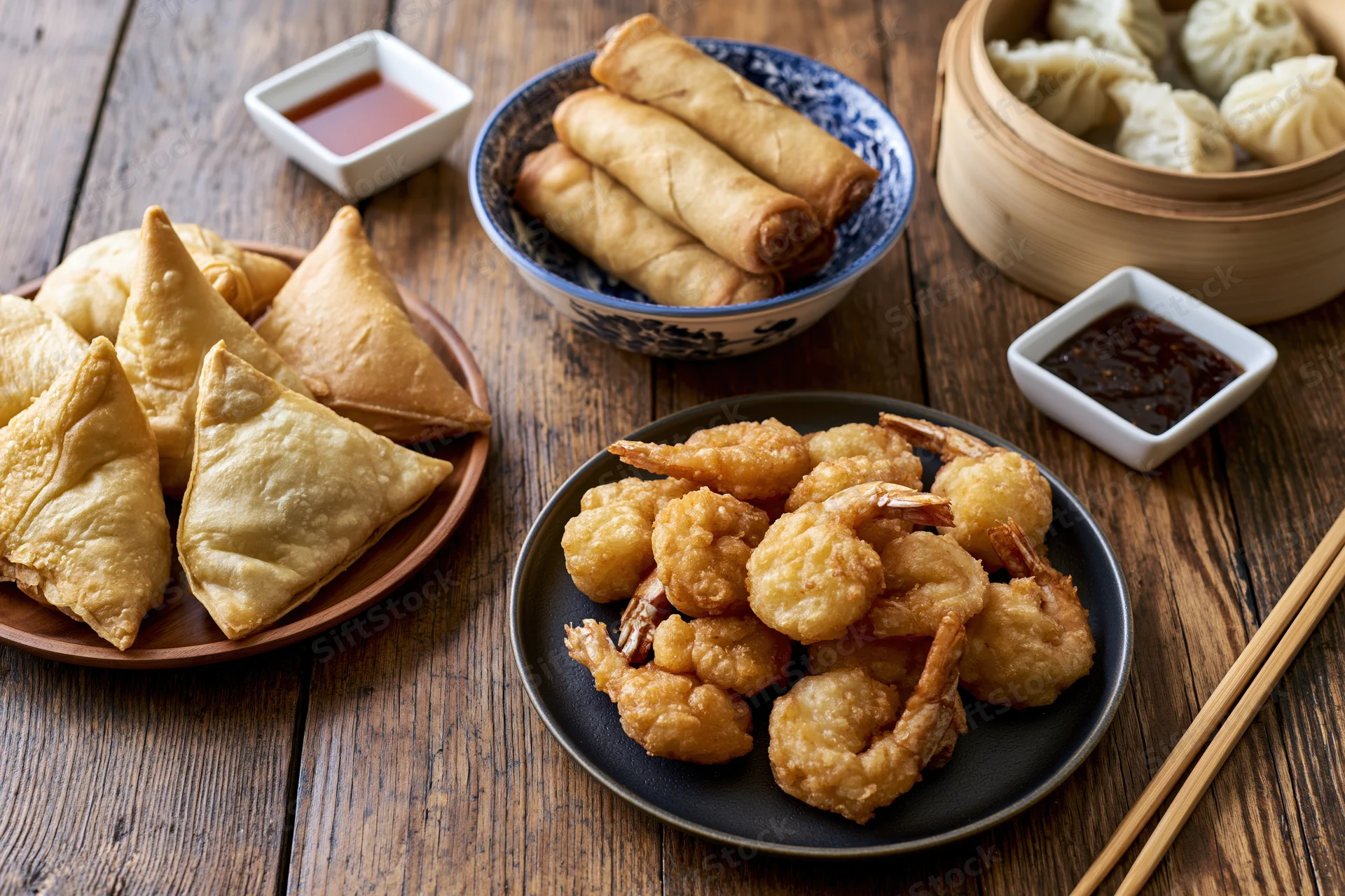 Assorted asian appetizers arranged on a rustic wooden table with chopsticks and dipping sauces