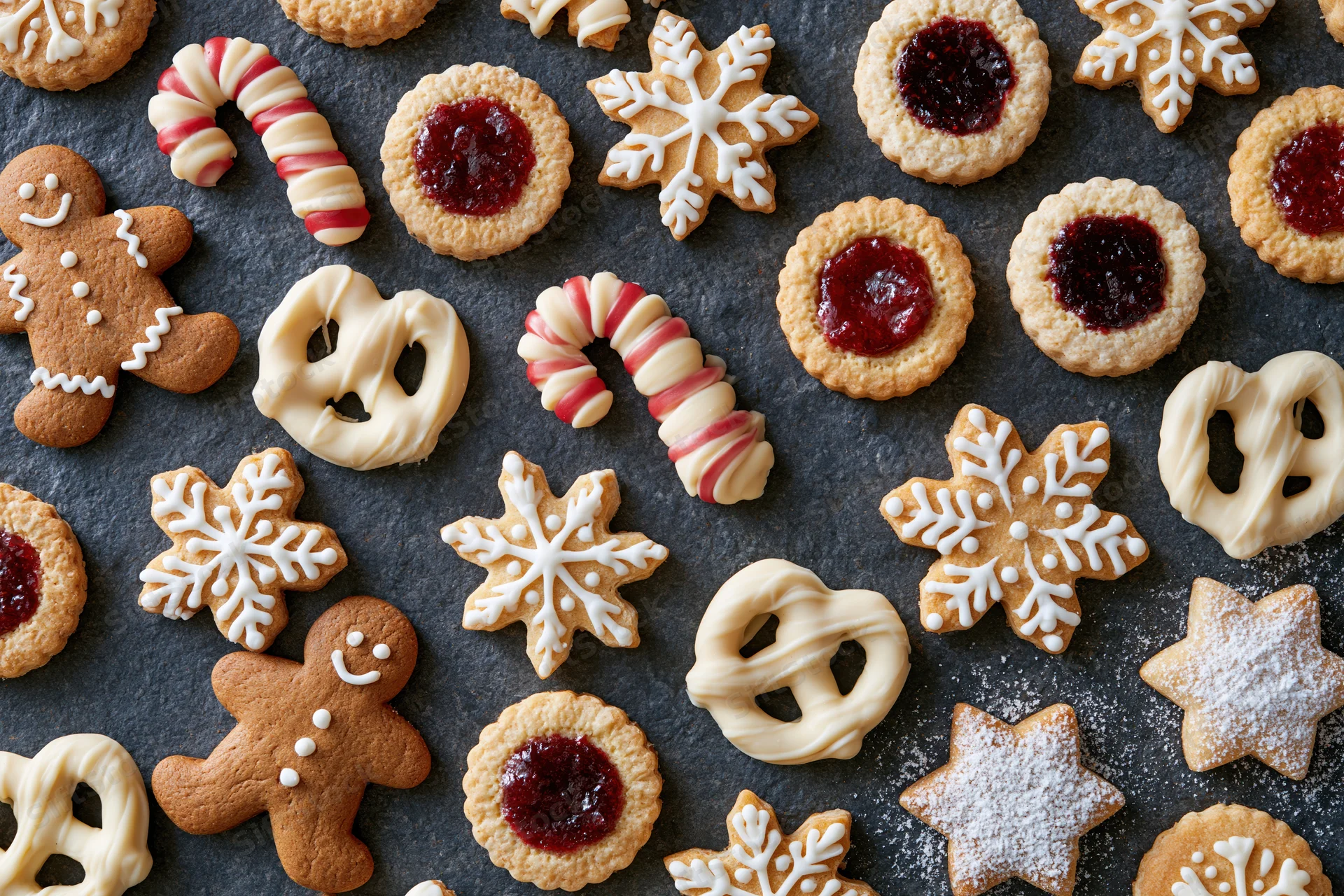 Assorted christmas cookies and holiday baked goods arranged on dark slate surface