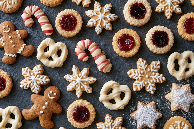 Assorted christmas cookies and holiday baked goods arranged on dark slate surface