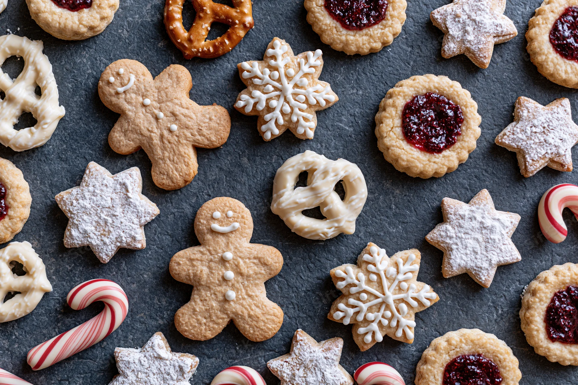 Assorted christmas cookies and holiday baked goods arranged on dark slate surface