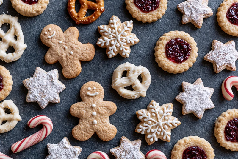 Assorted christmas cookies and holiday baked goods arranged on dark slate surface