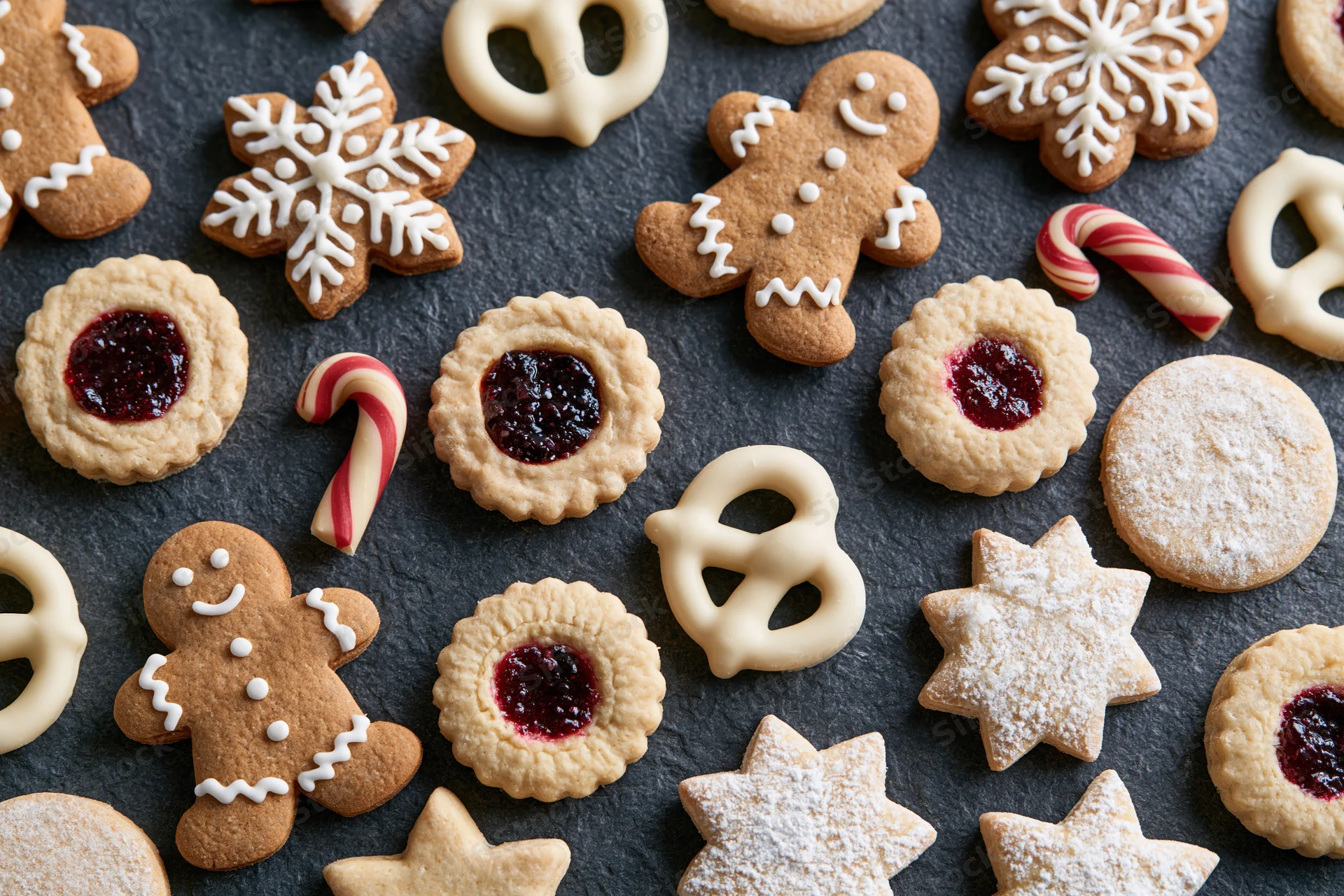 Assorted christmas cookies and holiday baked goods arranged on dark slate surface
