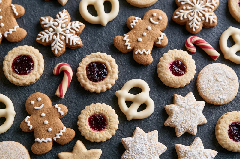 Assorted christmas cookies and holiday baked goods arranged on dark slate surface