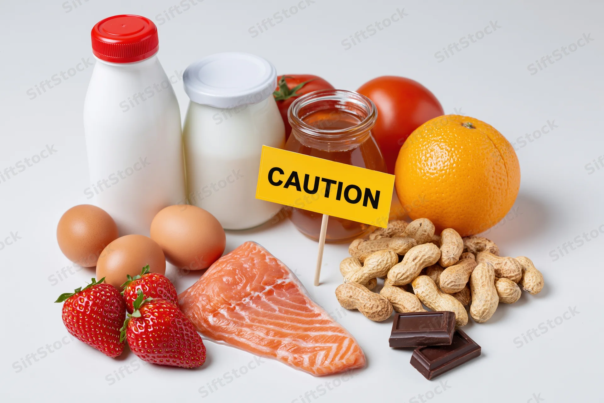 Common food allergens arranged on white surface with caution sign
