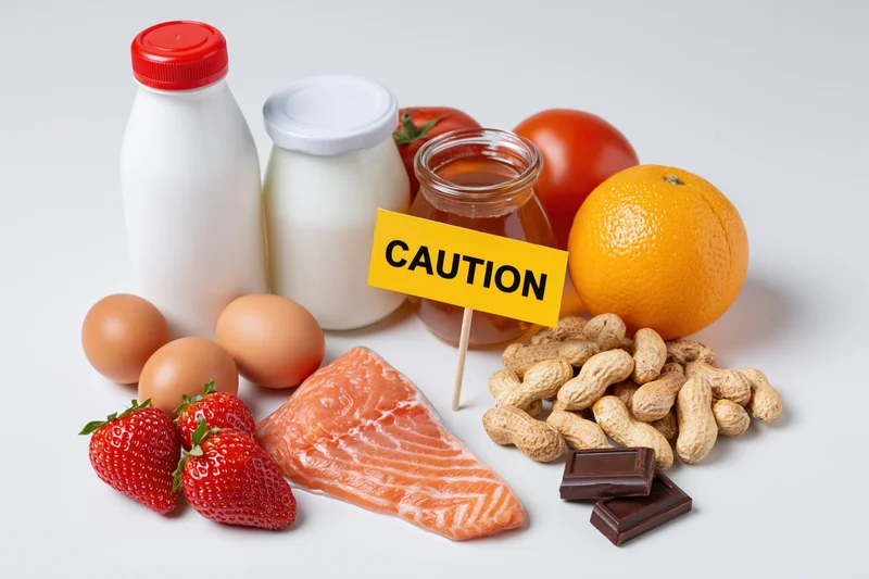 Common food allergens arranged on white surface with caution sign