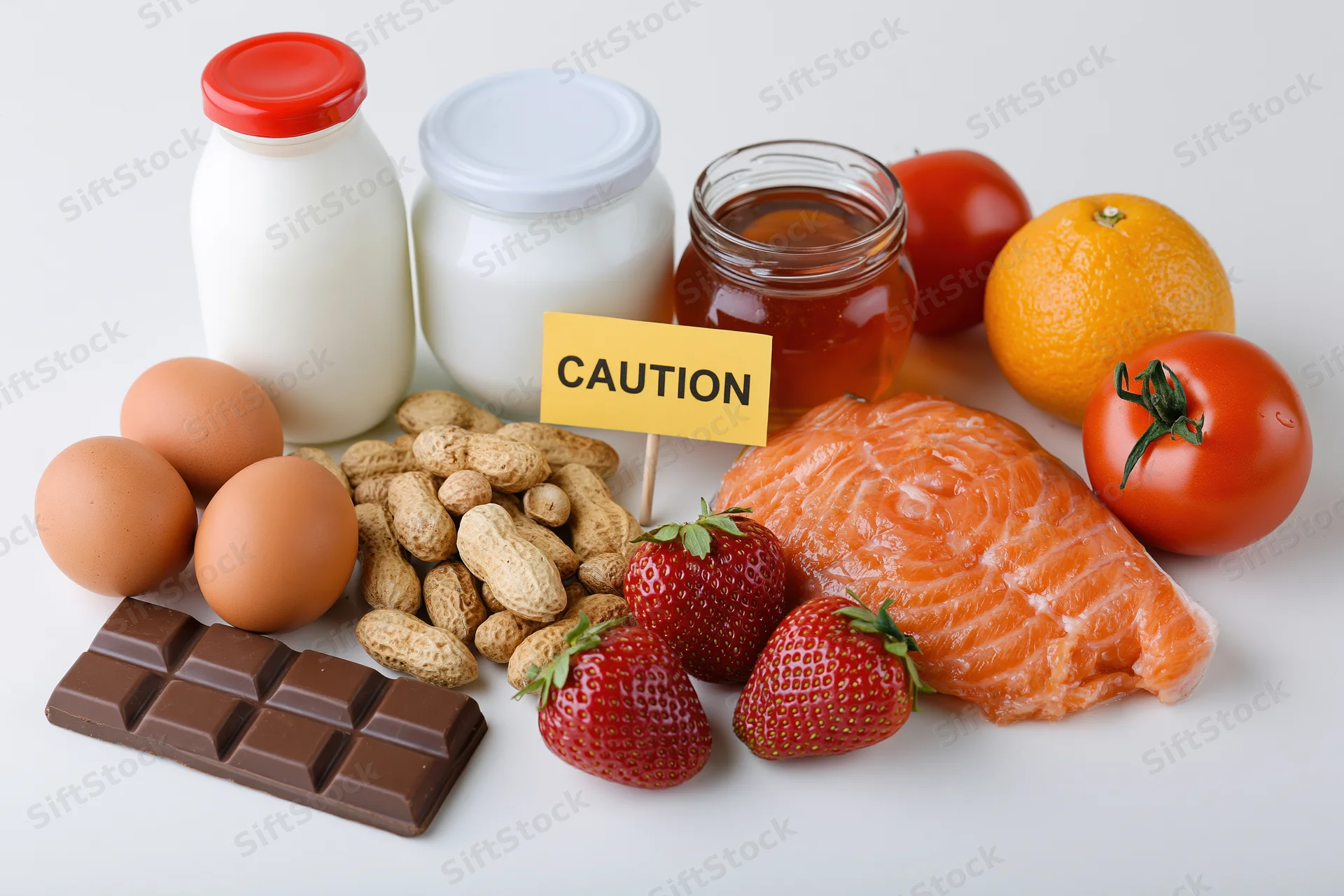 Common food allergens arranged on white surface with caution sign
