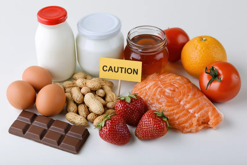 Common food allergens arranged on white surface with caution sign