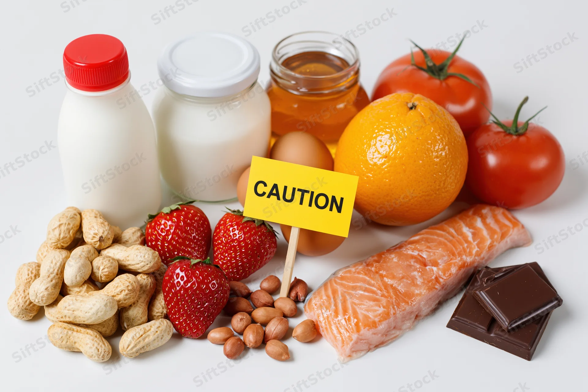 Common food allergens arranged with a caution sign on a white surface