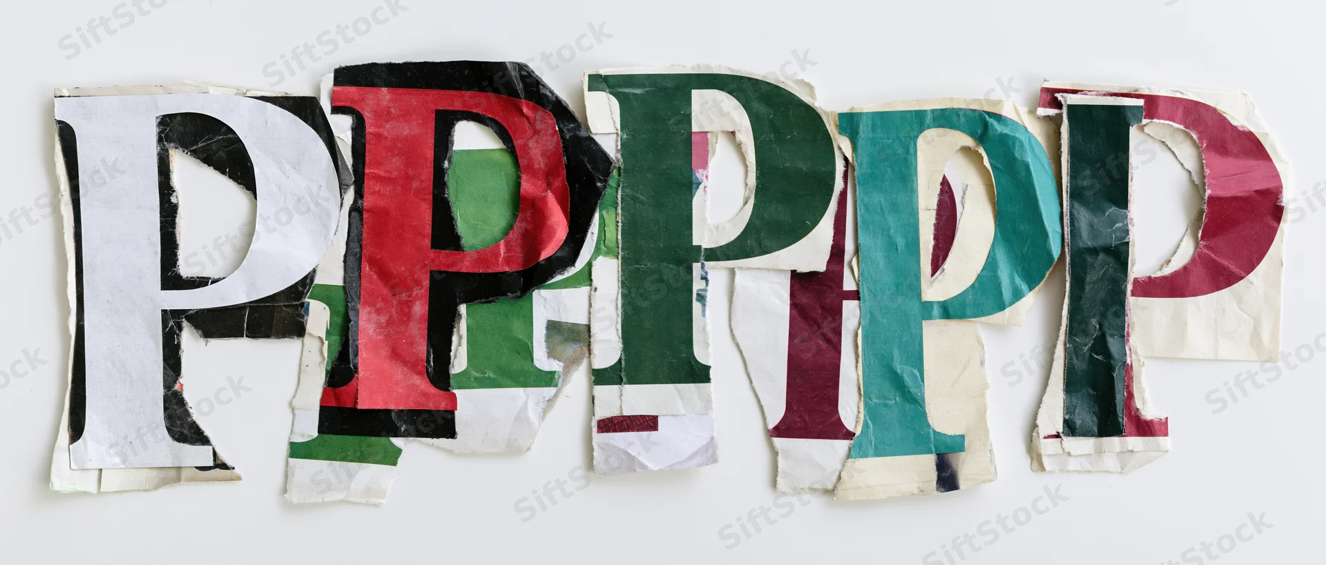 Five cut-out letter p clippings arranged in a row on a white background