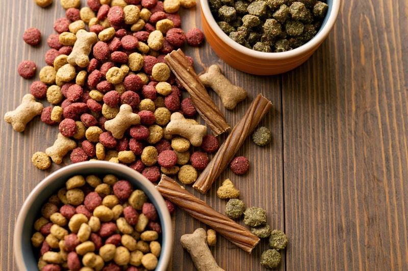 Assorted dry dog food kibble and bone-shaped treats spread on wooden table with bowls