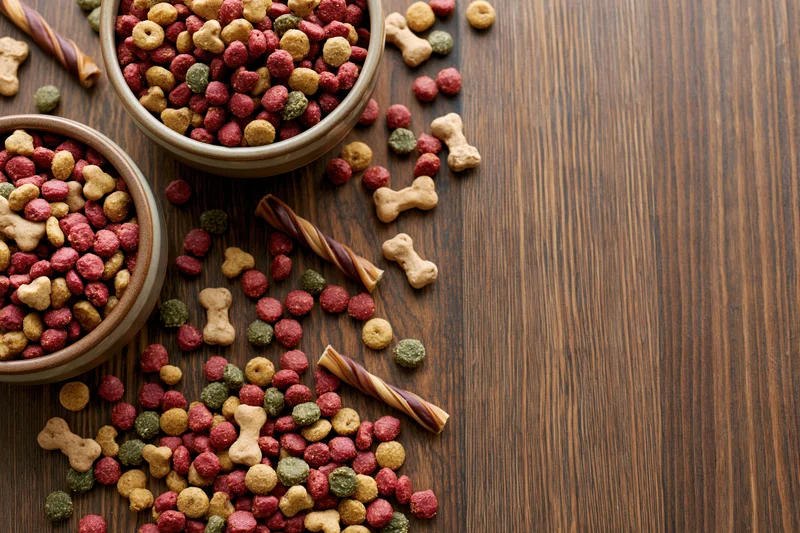 Dog food kibble and bone-shaped treats in bowls on wooden table with scattered pieces and twisted snacks
