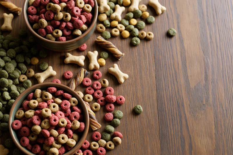 Assorted dry dog food kibble and bone-shaped treats in bowls on a wooden table with scattered pieces and copyspace