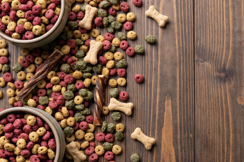 Dry dog food kibble and bone-shaped treats scattered on wooden table with bowls