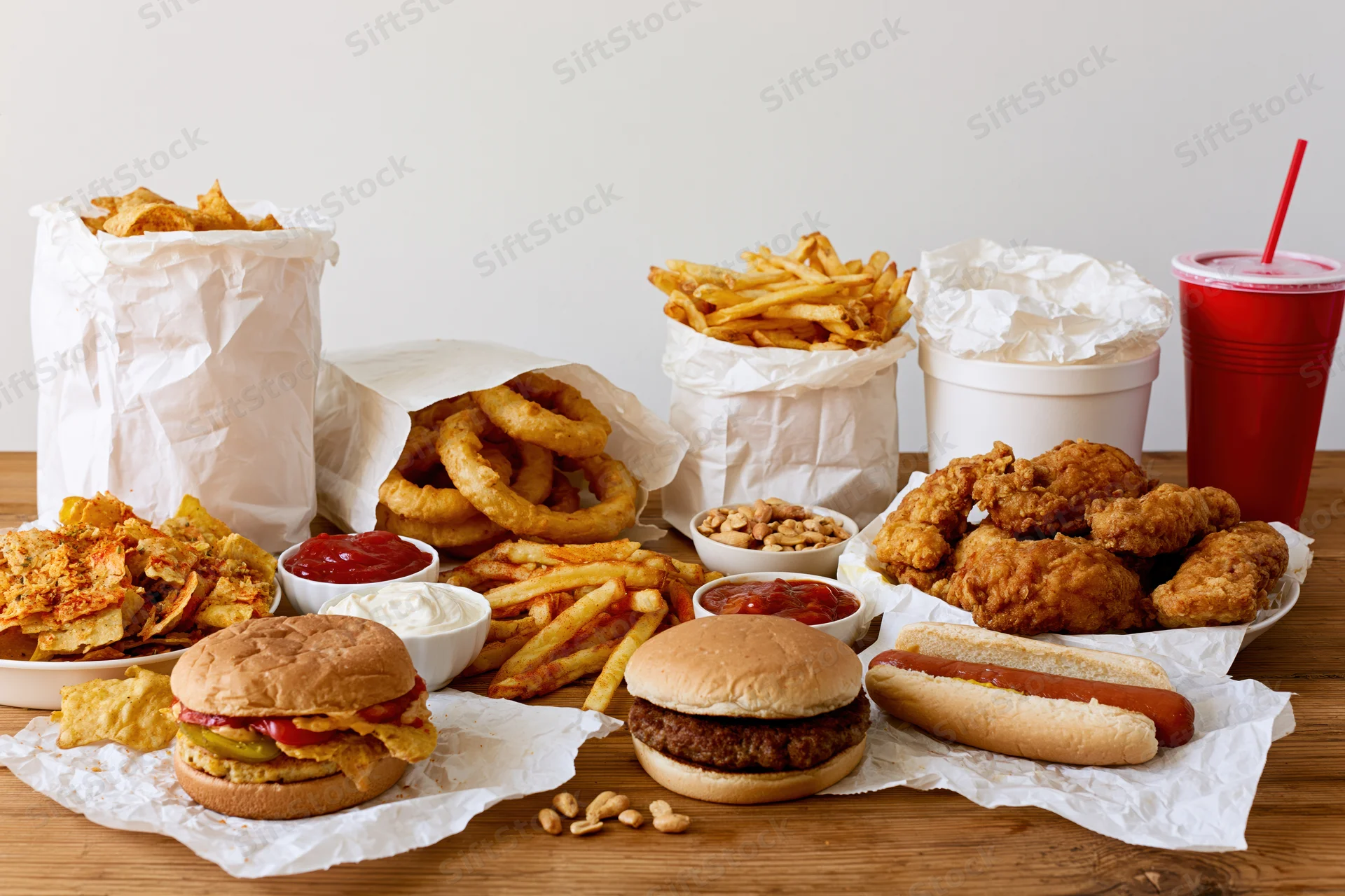 Assorted fast food items including burgers, fries, chicken, and drinks arranged on a wooden table