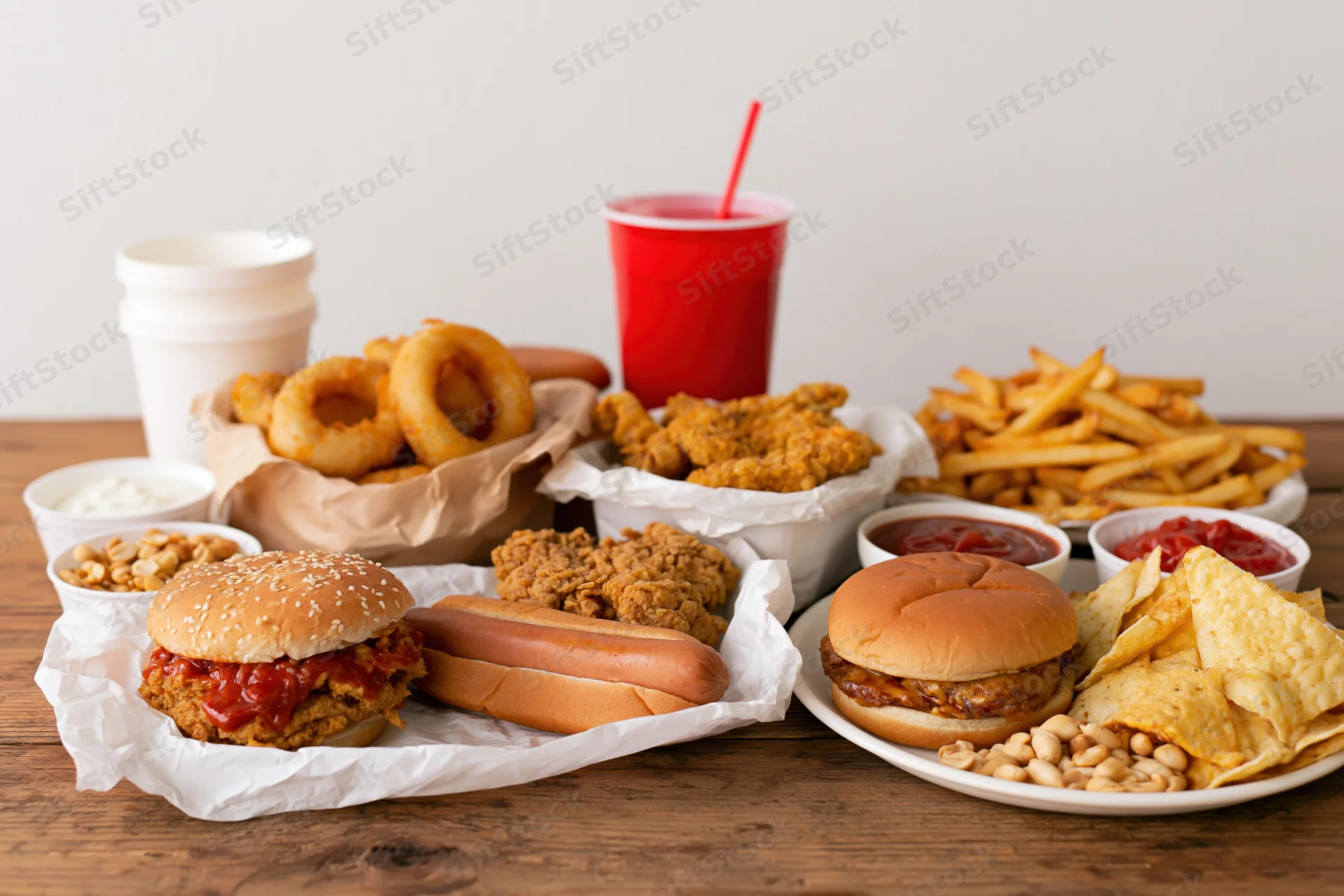 Assorted fast food items including burgers, fries, chicken, hotdogs and onion rings arranged on a wooden table with condiments and drinks