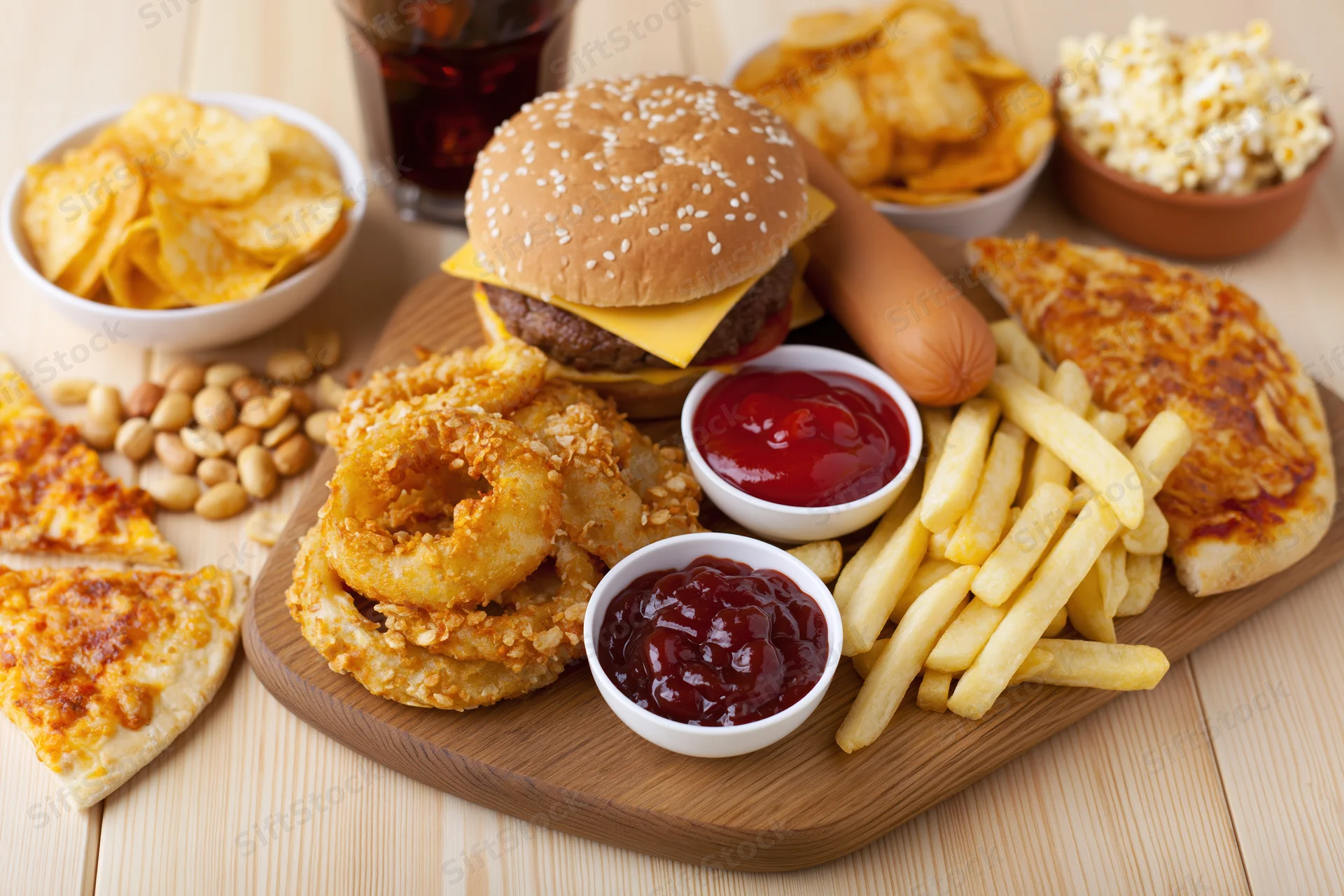 Assorted fast food items arranged on a wooden cutting board with condiments and sides