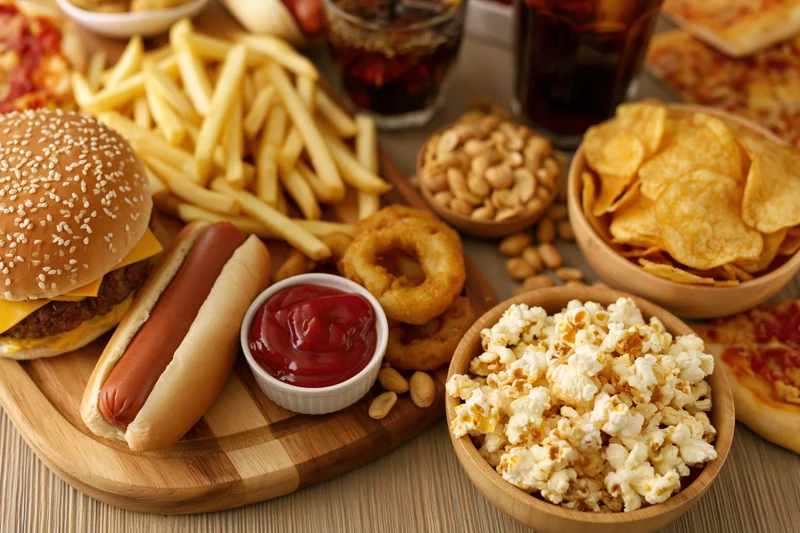 Assorted fast food items arranged on a wooden cutting board