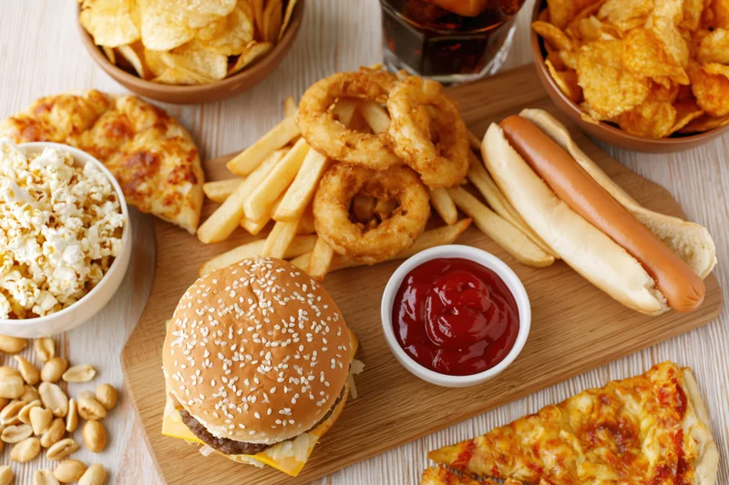 Assorted fast food items arranged on a wooden cutting board with condiments and sides