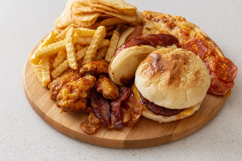 Assorted fast food items piled on a round wooden serving board