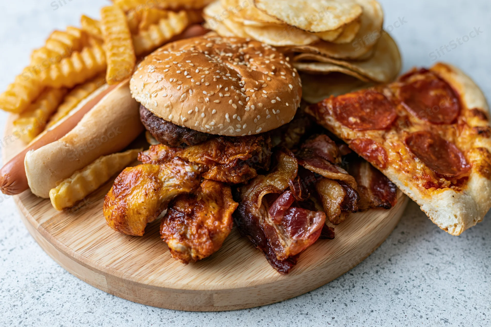 Assorted fast food items piled on a round wooden serving board