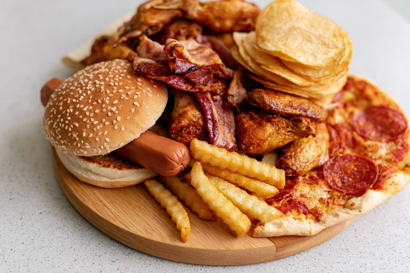 Assorted fast food items piled on a round wooden serving board