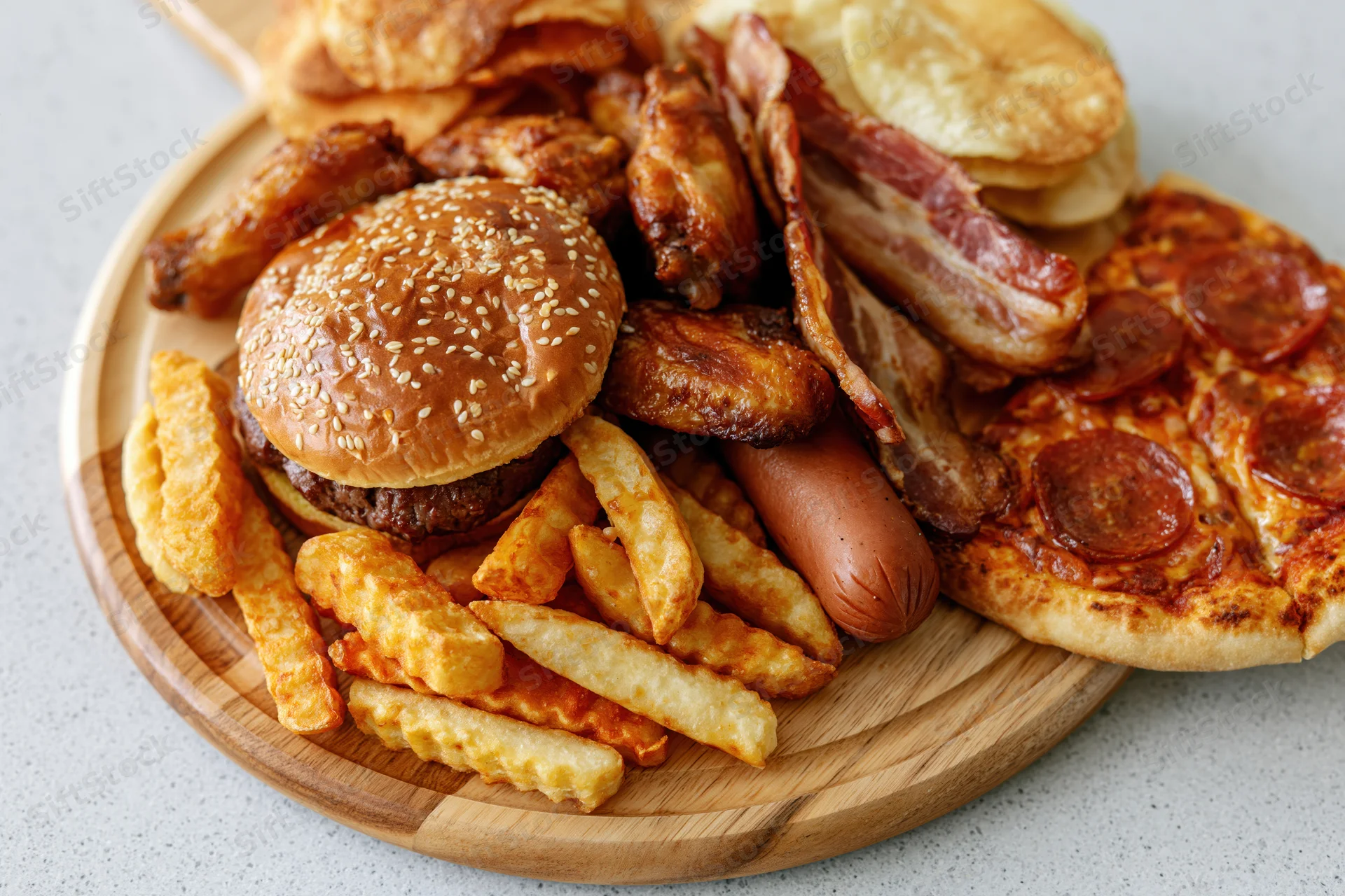 Assorted fast food items piled on a round wooden serving board