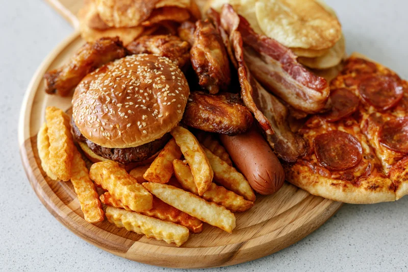 Assorted fast food items piled on a round wooden serving board