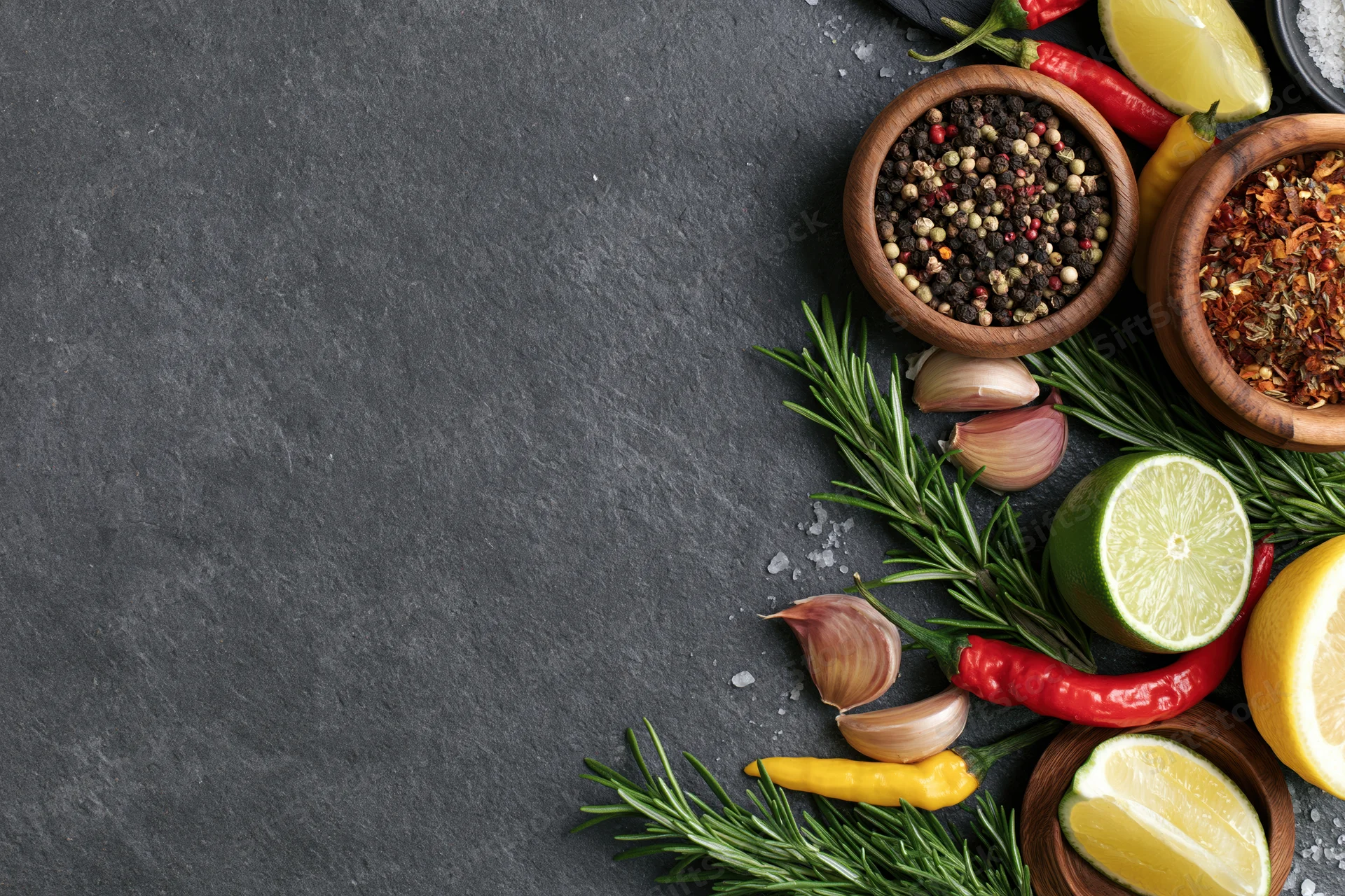 Fresh herbs and spices arranged along the right edge of a dark slate surface
