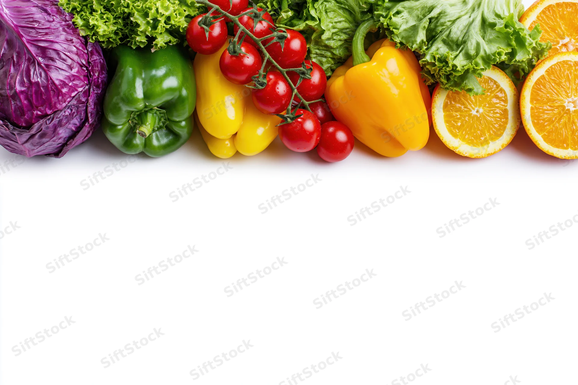 Fresh vegetables and fruits arranged along the top edge on white background
