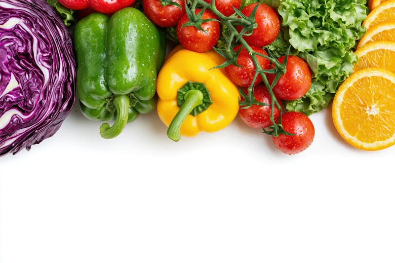 Fresh vegetables and fruits arranged along the top edge on white background