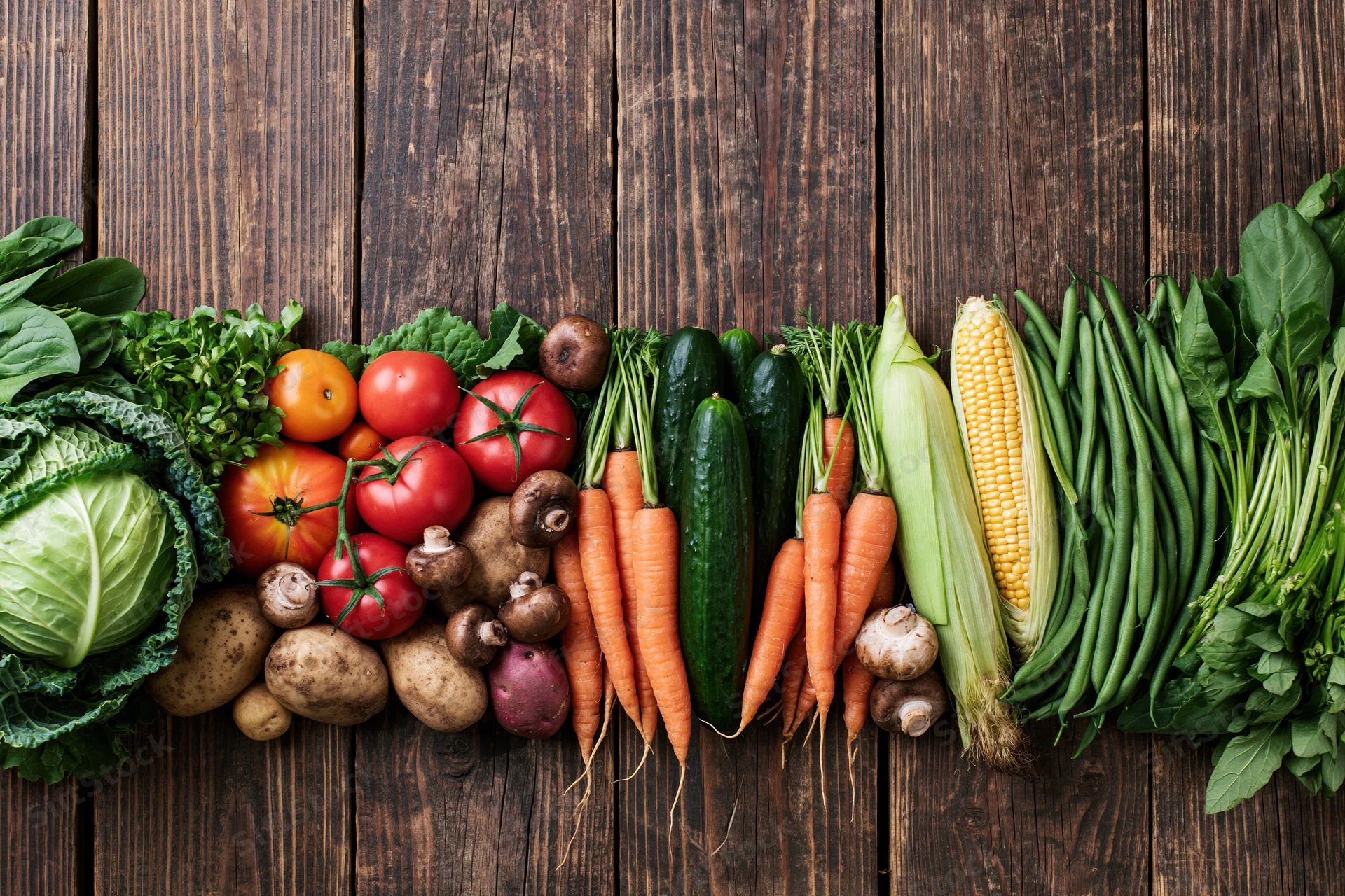 Assorted fresh vegetables arranged in a row on a dark wooden surface