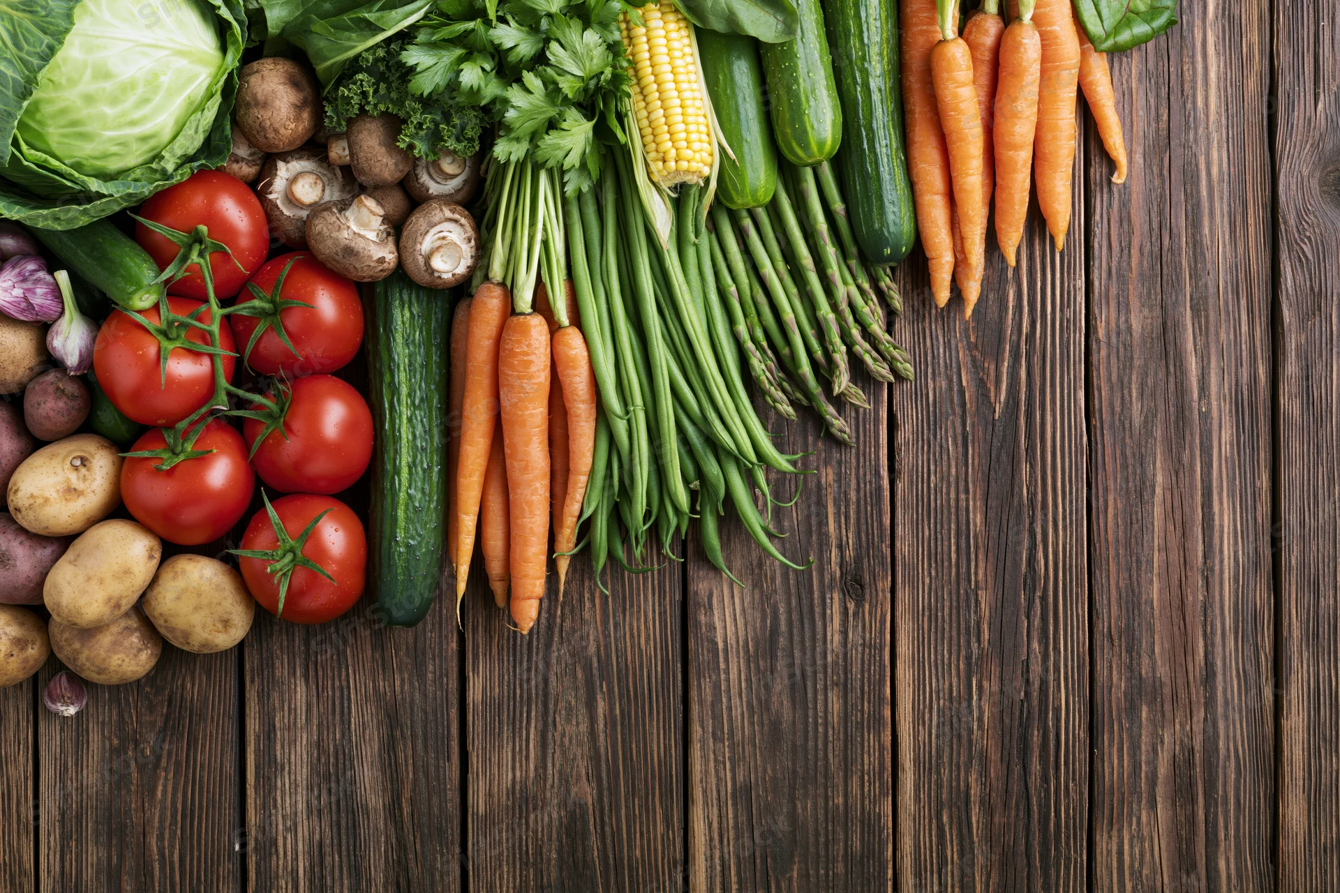 Fresh vegetables arranged in a row on a dark wooden surface