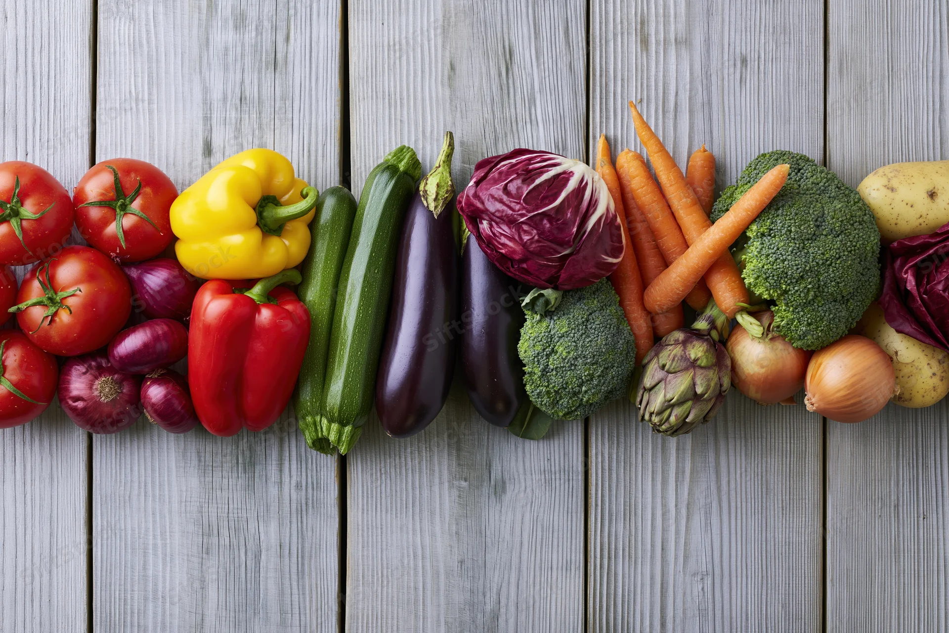 Assorted fresh vegetables arranged in a horizontal band across a wooden surface