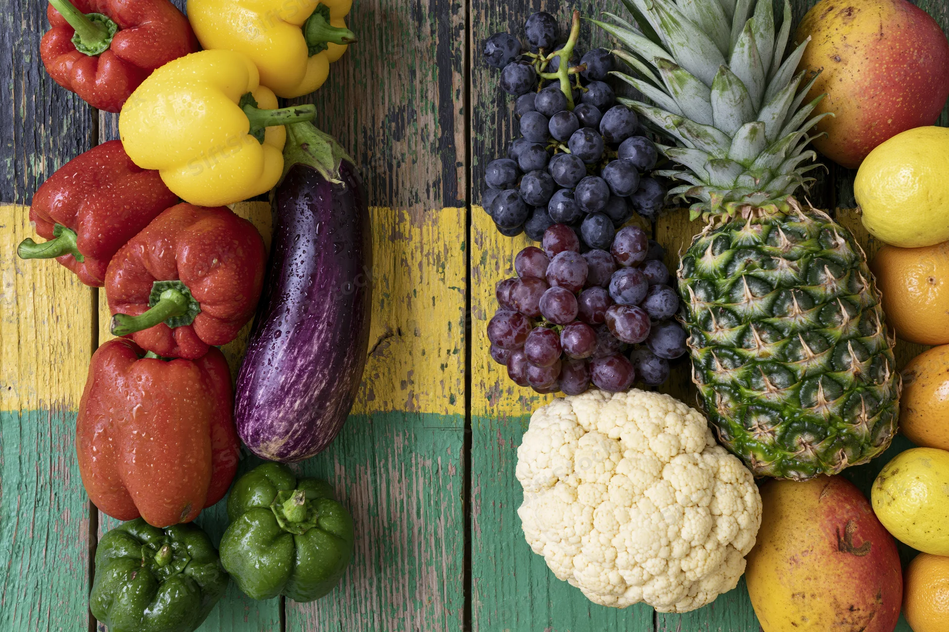 Fresh vegetables and tropical fruits arranged on a colorful wooden table in a flat lay view