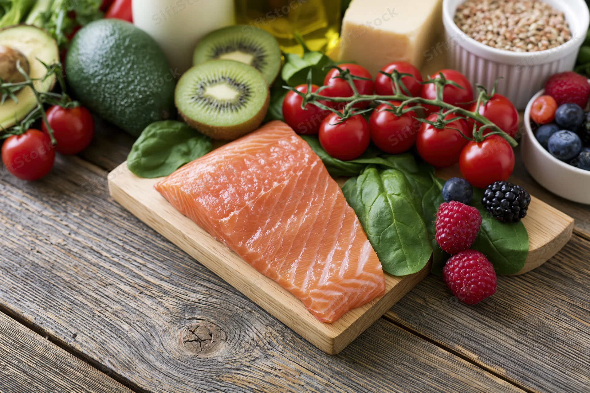 Raw salmon fillet on a wooden cutting board surrounded by fresh fruits vegetables and dairy on a rustic wooden table