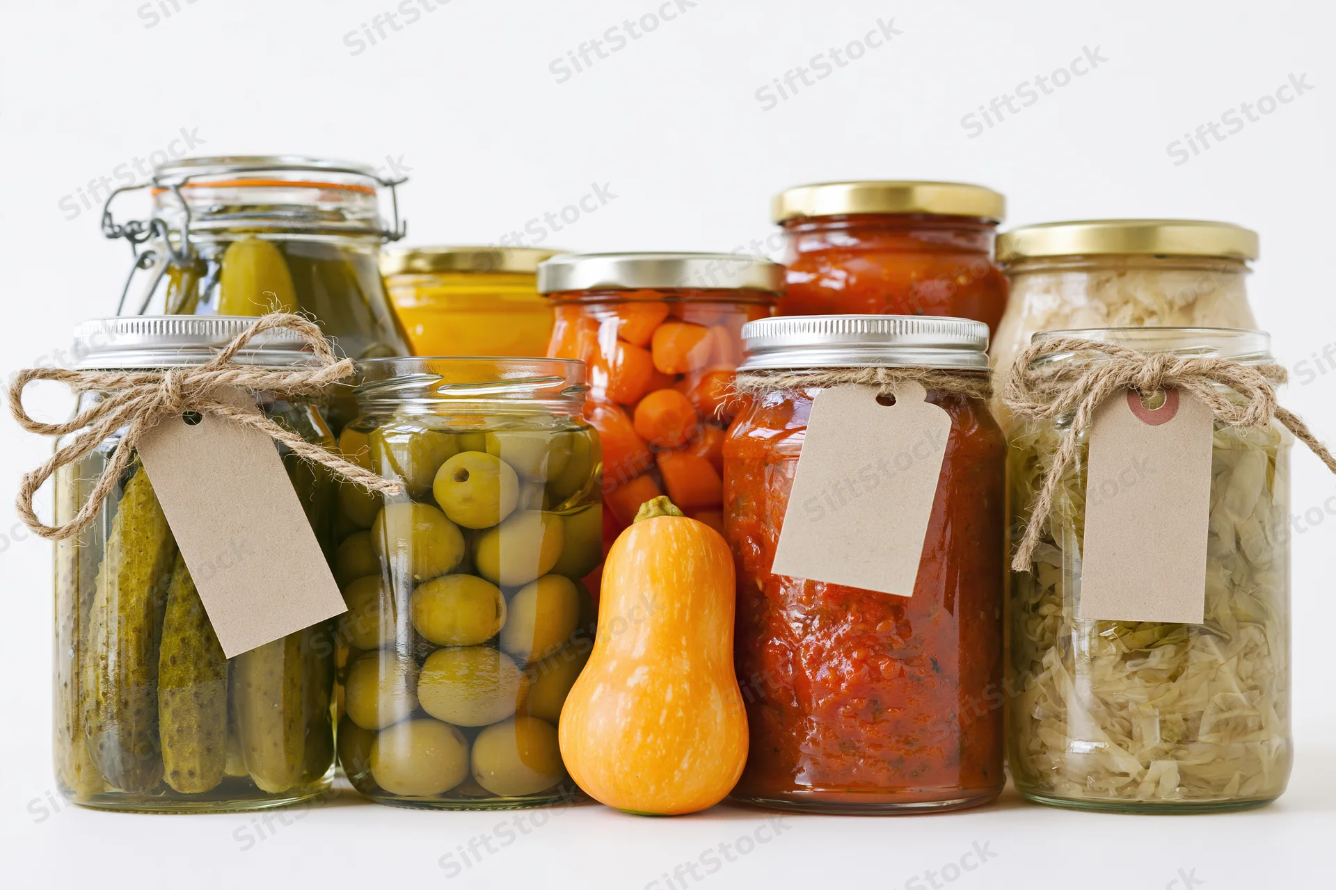 Glass jars filled with pickled and fermented vegetables arranged on a white surface with twine tags