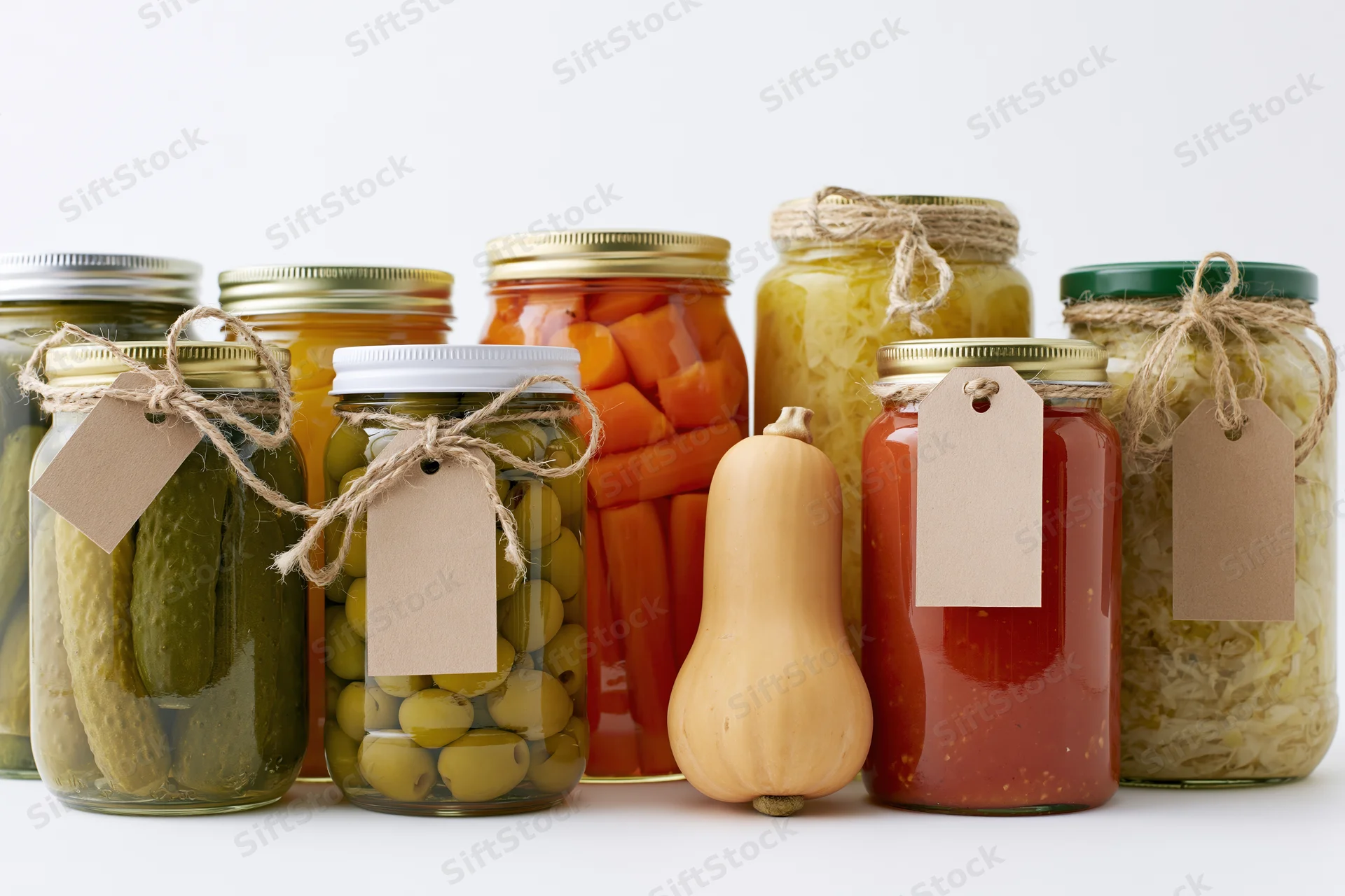 Glass jars filled with pickled vegetables and squash arranged in a row on a white surface