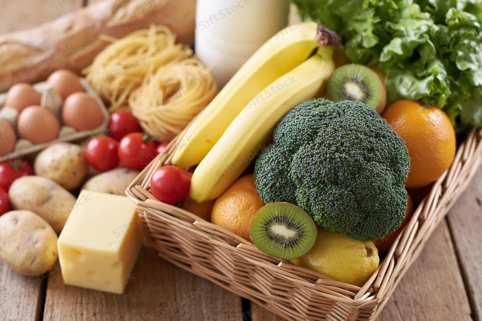 Assorted groceries arranged in a wicker basket on a rustic wooden table