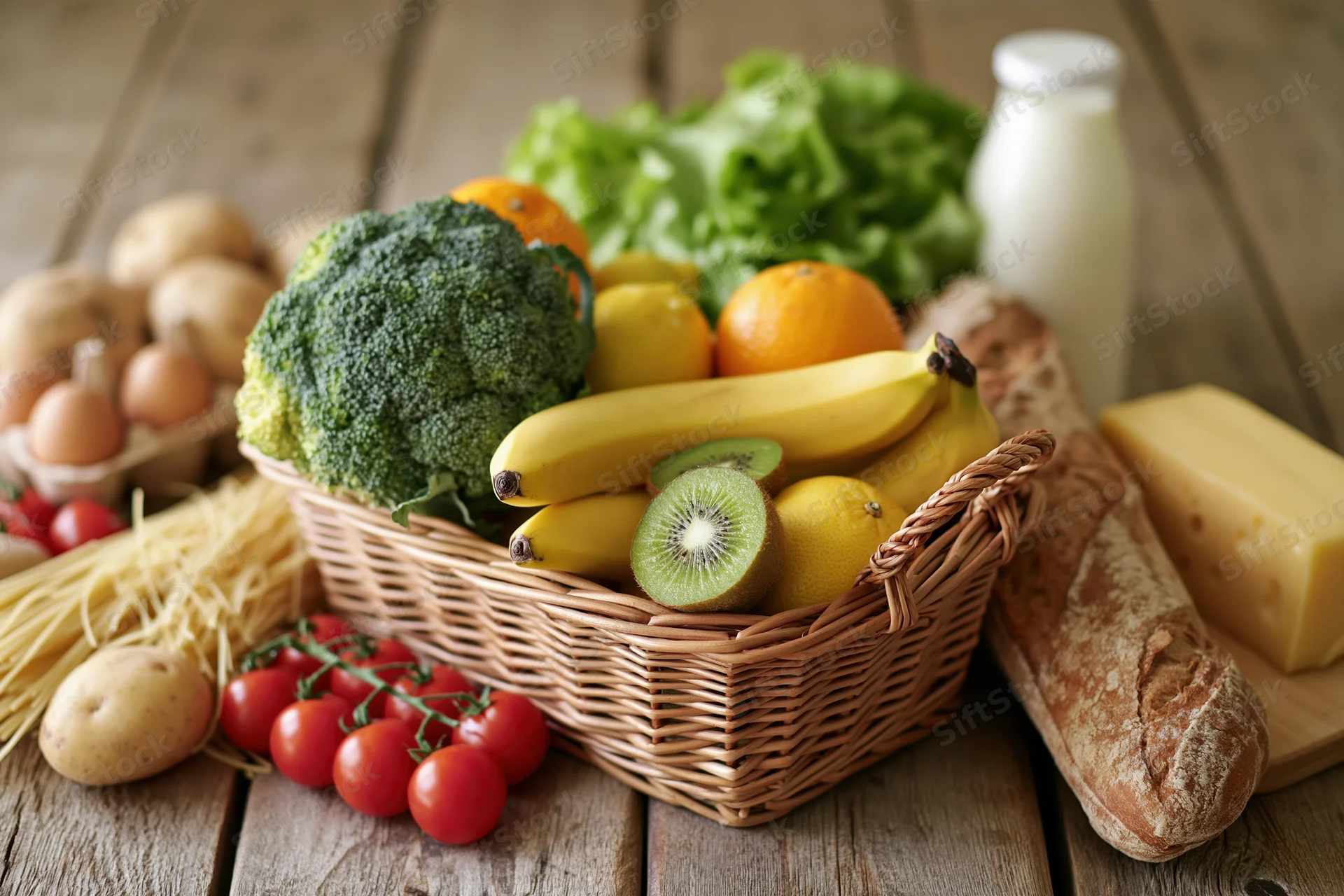 Assorted groceries in a wicker basket on a rustic wooden table